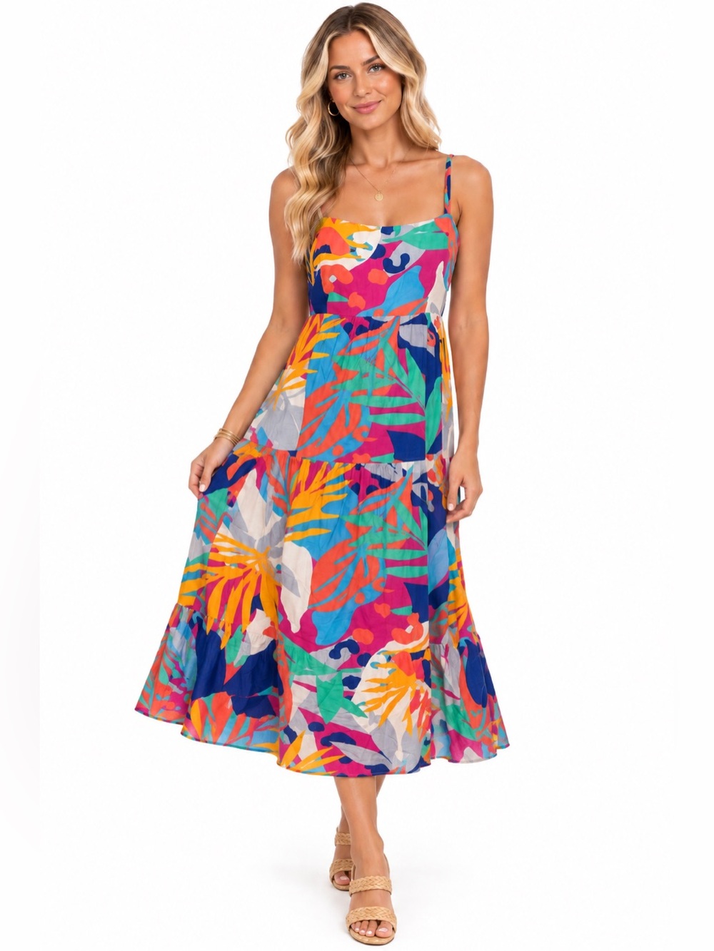 J Crew Size 10 Vibrant Multi-Color Tropical Midi Dress Women's Strappy Sundress